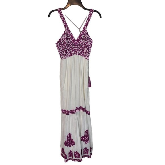 Anthropologie Womens 0 White Purple Embroidered Tasseled Halter Manuela Dress - Picture 2 of 10